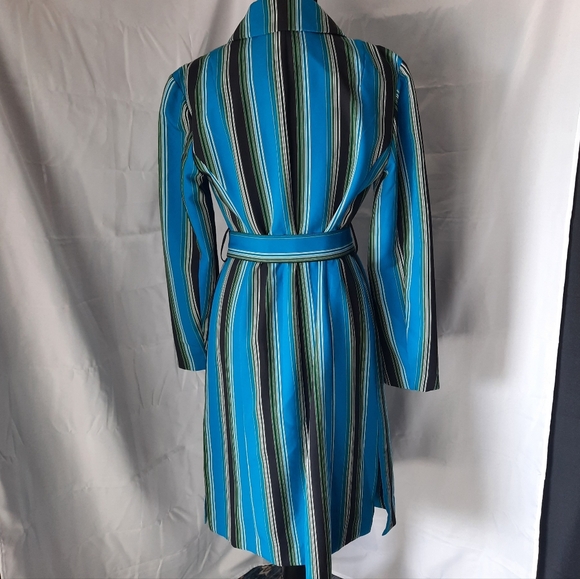 I N C Striped Trench Coat Womens Sz Small Blue Black Belted Buttons - Picture 9 of 12